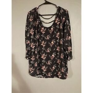 Faded Glory Floral Sparkly Ruched Side 3/4 Sleeve Open Back Top Size 3X
